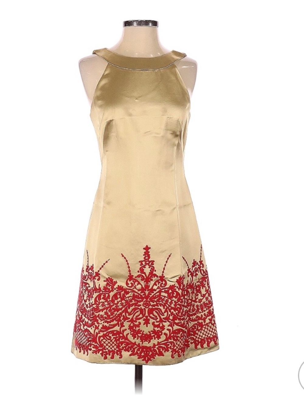 Badgley Mischka Cocktail Dress Gold w/ Red Embroidery, Size 4